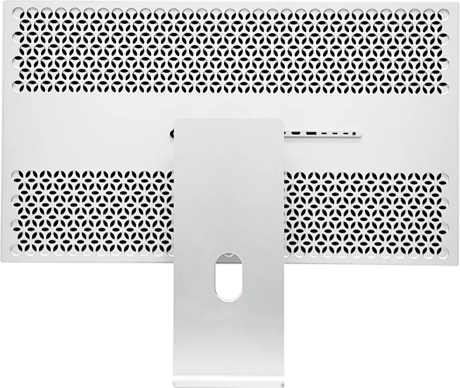 Dos de l'écran Kuycon G32P vu de face : deux bandes d'aluminium perforé, pied central et rangée de connecteurs