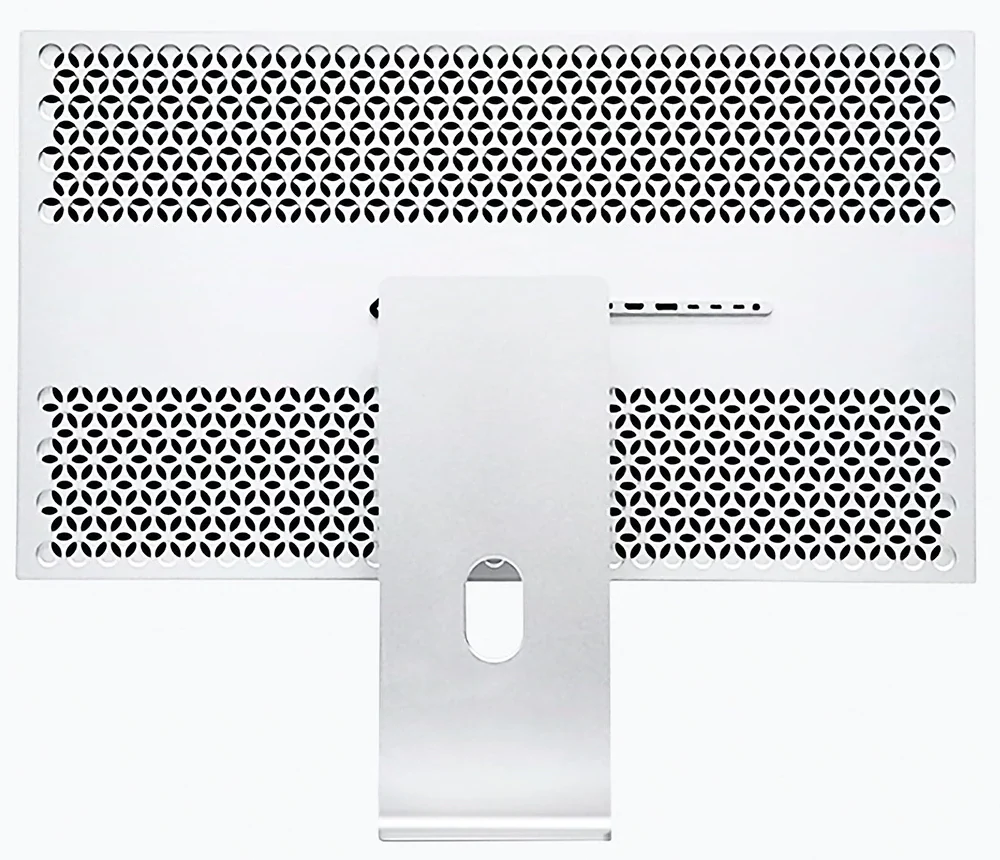 Dos de l'écran Kuycon G32P : panneau en aluminium perforé, rangée de connecteurs et pied argenté