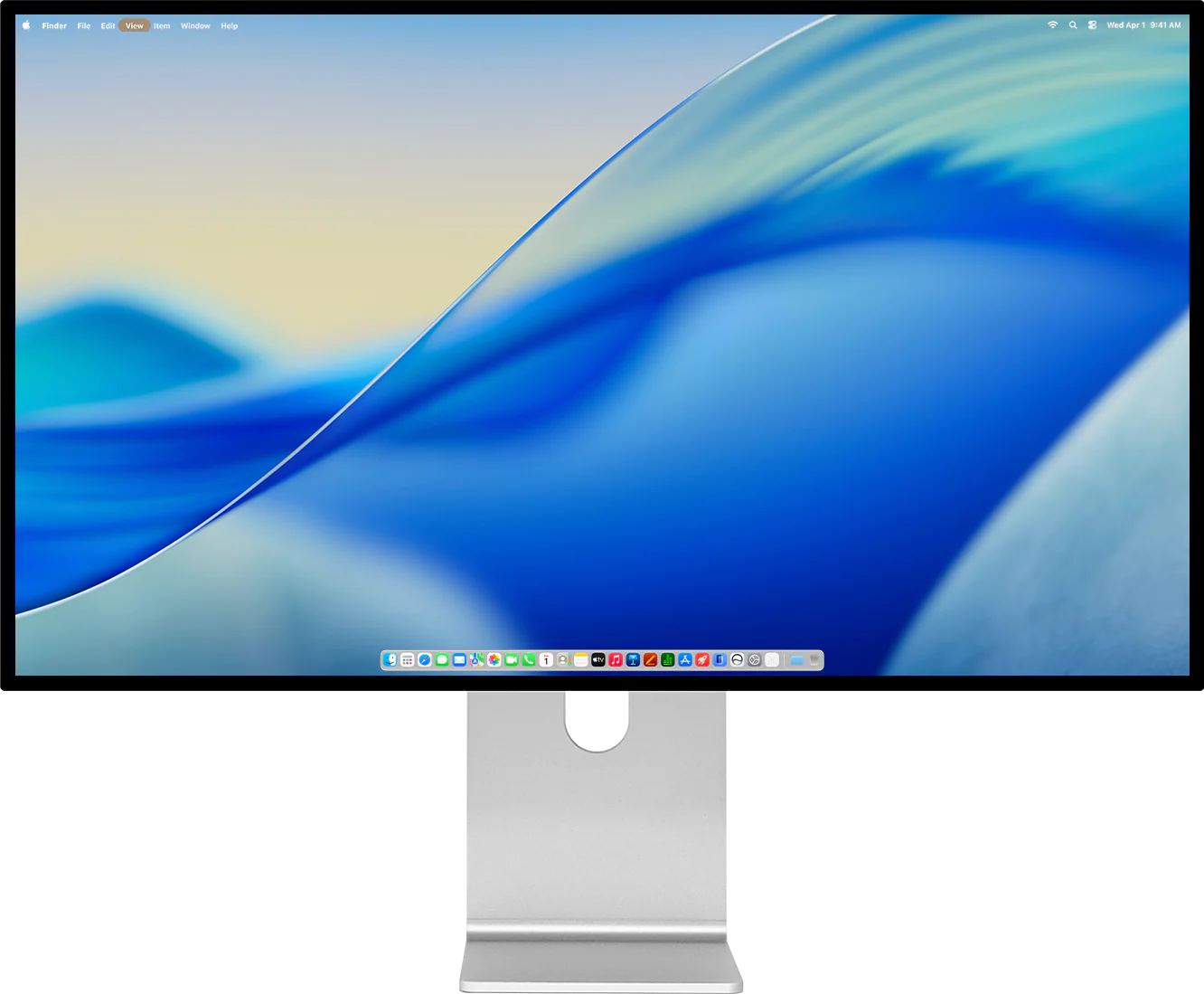 Écran Kuycon G32P vu de face sur son pied argenté, affichant le bureau macOS avec la barre des menus, le Dock et un fond d'écran en vagues bleues