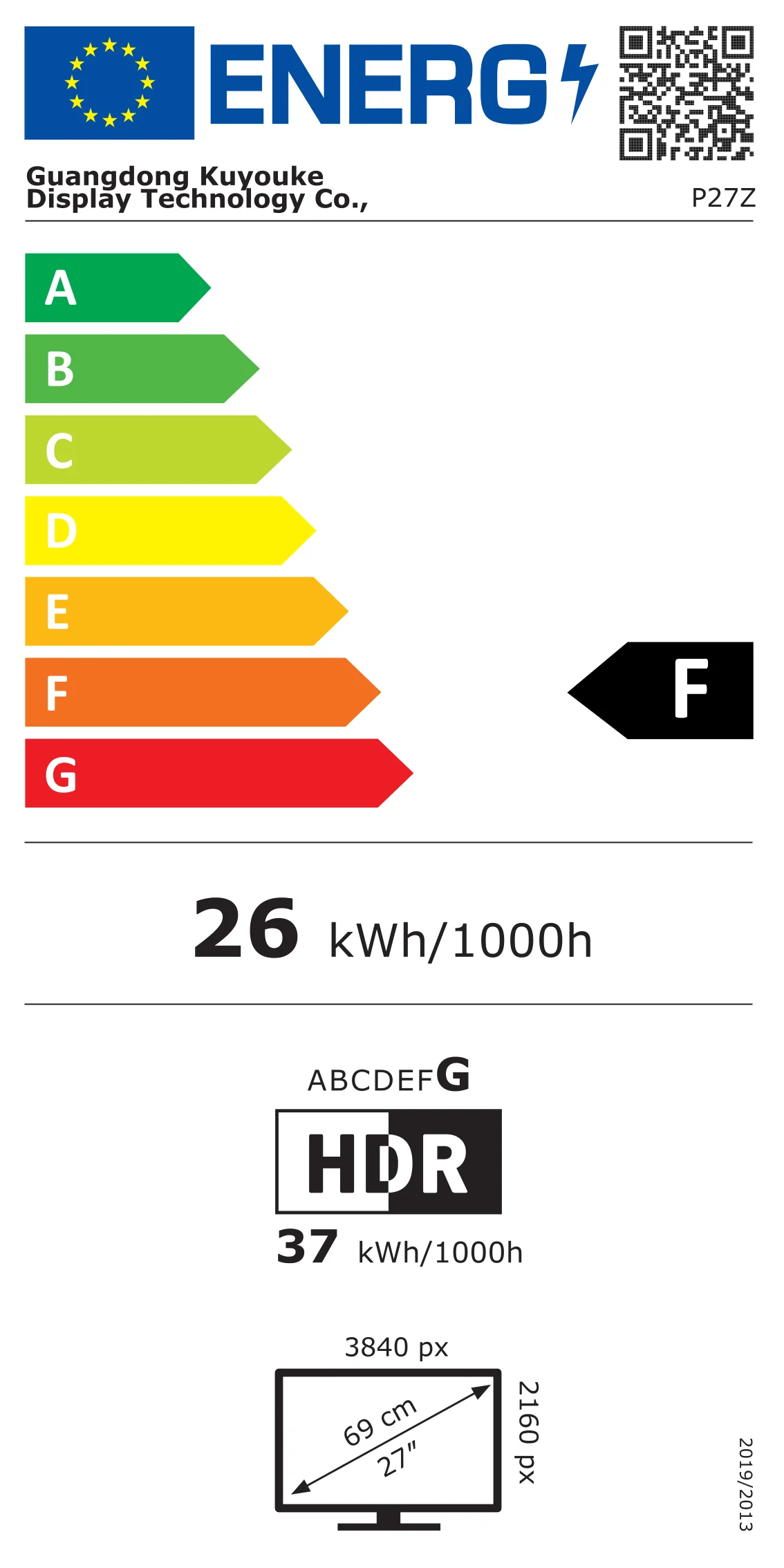Étiquette énergétique de l'Union européenne du Kuycon P27Z, classe F