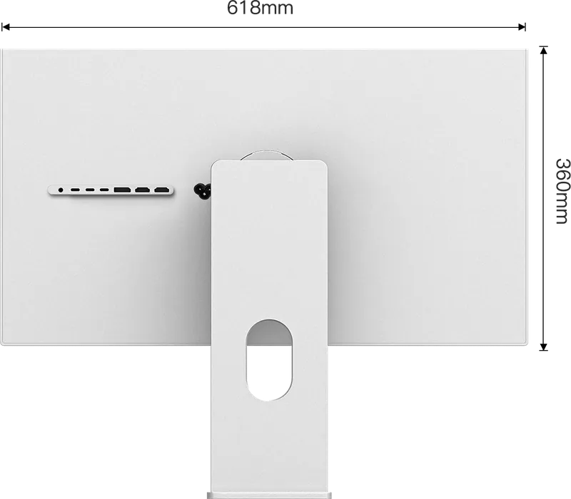 Schéma du dos de l'écran Kuycon P27Z avec ses cotes : 618 mm de large et 360 mm de haut sans le pied