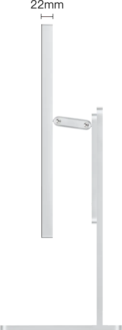Schéma de profil de l'écran Kuycon P27Z sur son pied, avec l'épaisseur du boîtier cotée à 22 mm