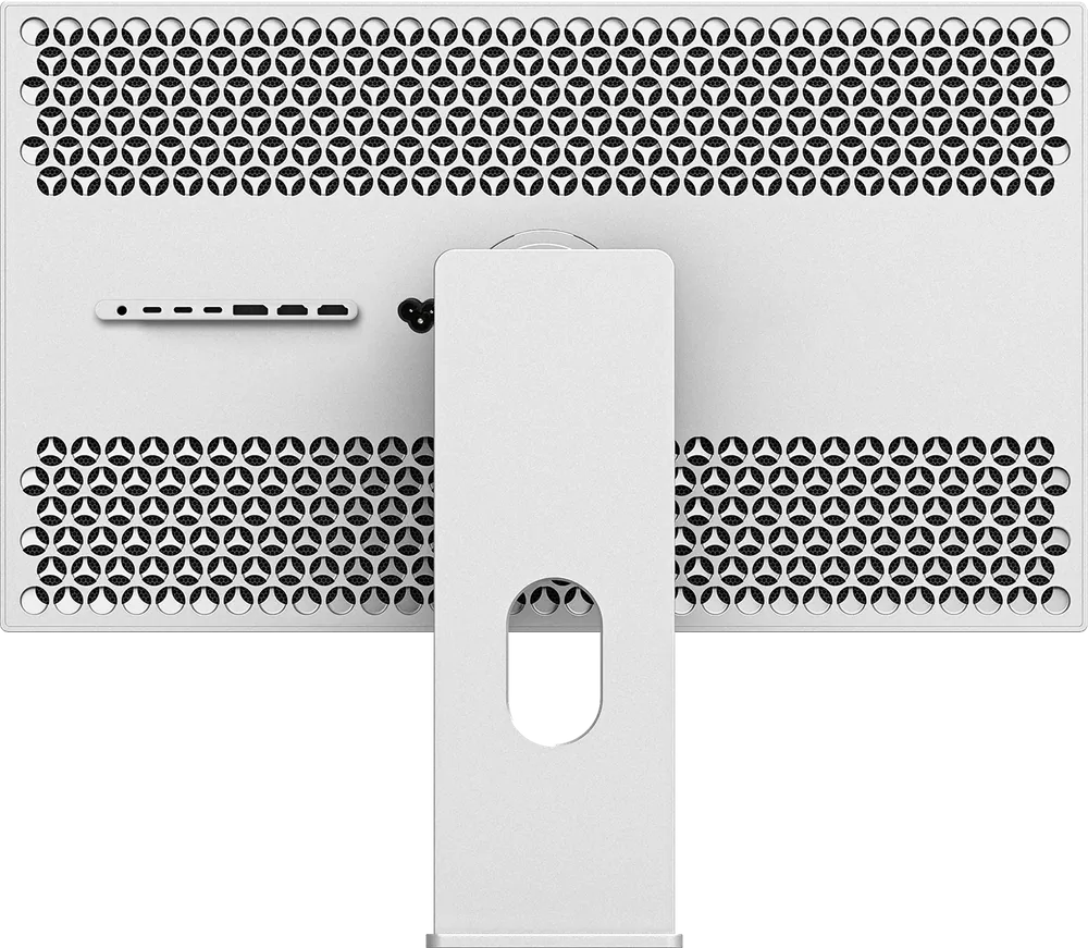 Dos perforé de l'écran Kuycon P27Z vu de face, avec le pied central et la rangée de connecteurs