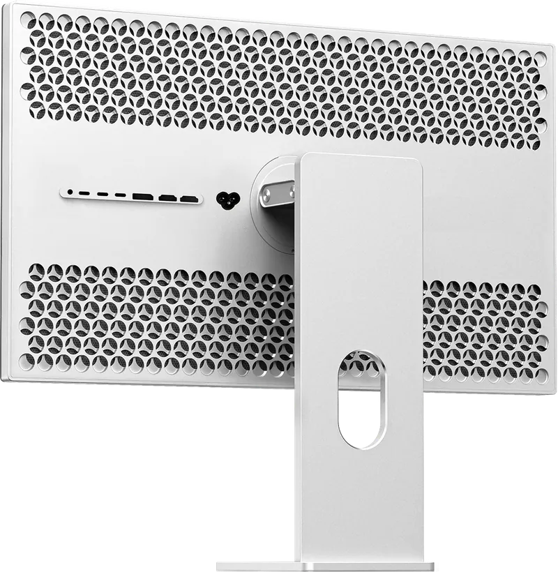 Dos perforé de l'écran Kuycon P27Z vu de trois quarts : panneau en aluminium percé, rangée de connecteurs, prise secteur et pied en aluminium