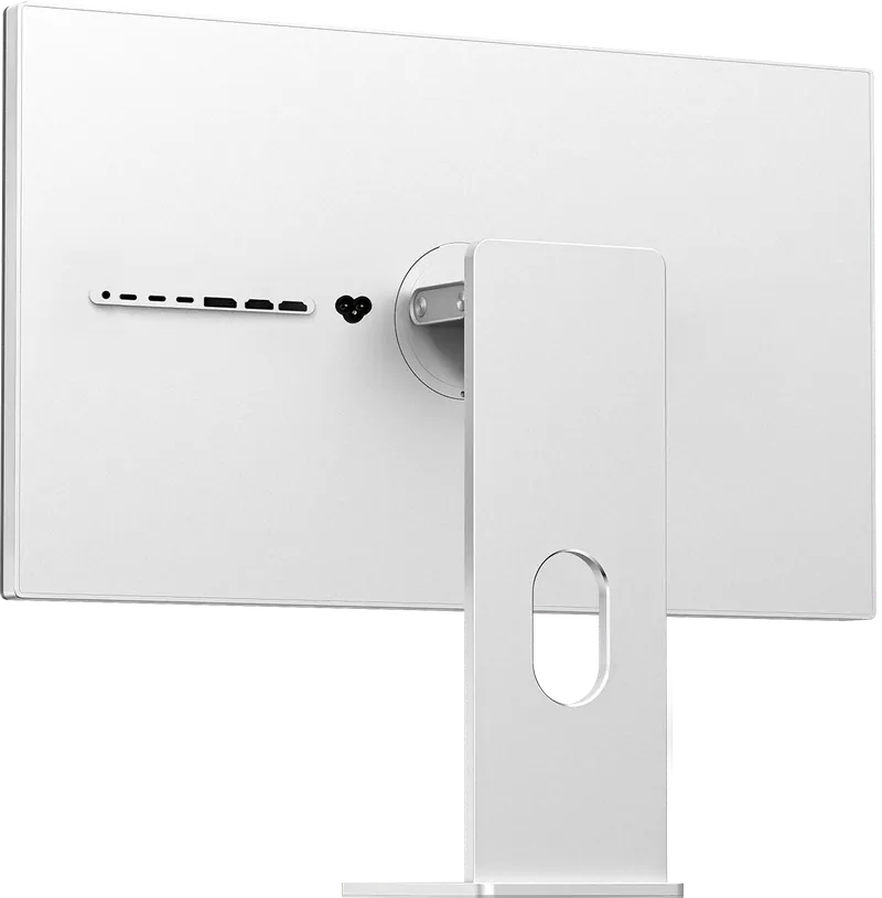 Dos simple de l'écran Kuycon P27Z vu de trois quarts : panneau en aluminium plein, rangée de connecteurs, prise secteur et pied en aluminium