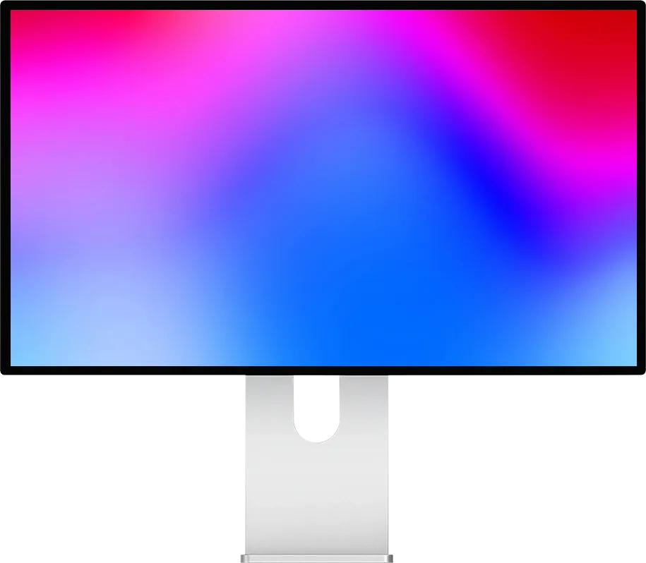 Écran Kuycon P27Z vu de face sur son pied en aluminium, affichant un fond dégradé du rouge au bleu en passant par le magenta et le violet