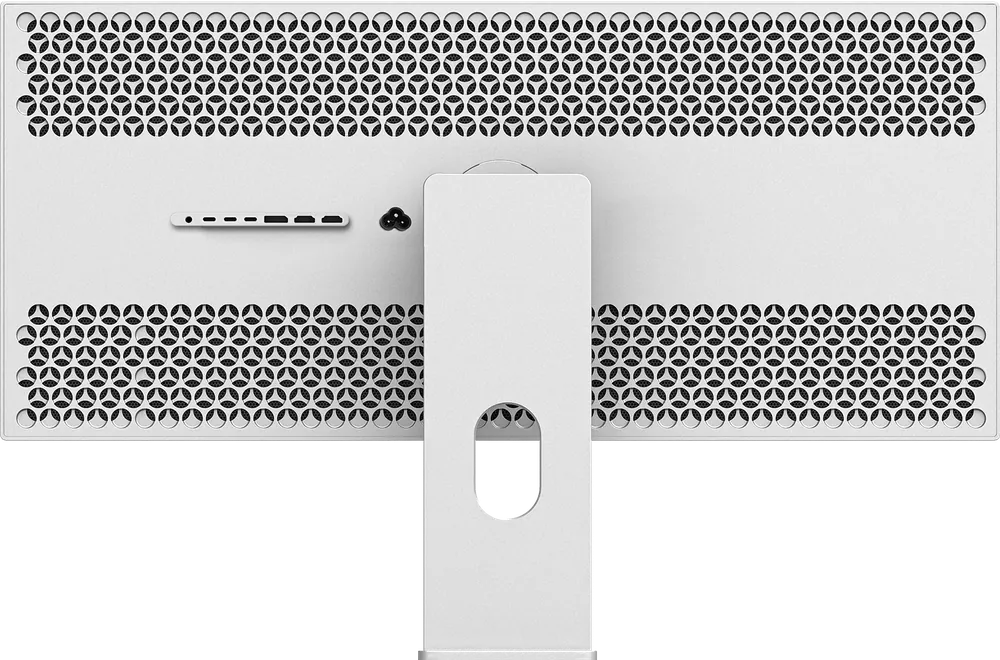 Dos perforé de l'écran Kuycon W34KB vu de face, avec le pied central et la rangée de connecteurs